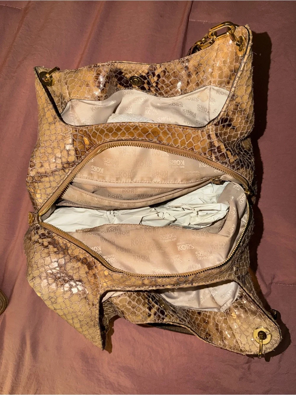 Michael Kors Beige Snake-Embossed Shoulder Bag and Wallet